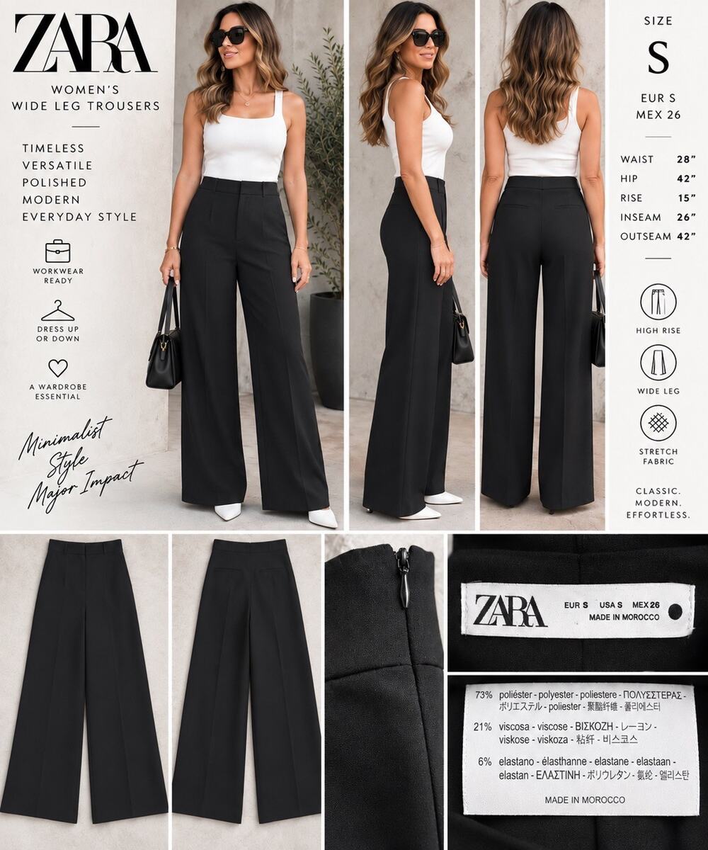 Zara Women’s S Black High Rise Wide Leg Trousers Dress Pants Minimalist Office